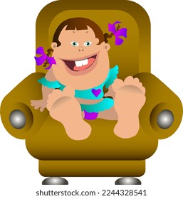 A little girl with pigtails sits in a chair and smiles.