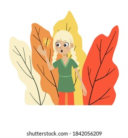 Little girl with pigtails walks in a fabulous autumn forest with butterflies