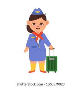 Little Girl in Pilot Costume Pulling Luggage Vector Illustration