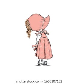 Little girl in pink bonnet and dress. Beautiful kid. Cartoon illustration.