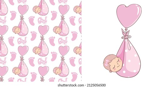 A little girl with a pink bow. Children's doodle drawing vector illustration in pink color. Use for girly surface designs, fabric printing, card printing, fashionable baby clothes, baby shower,
