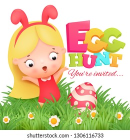 Little girl in pink bunny costume. Easter egg hunt invitation card. Vector illustration.