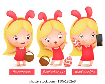 Little girl in pink bunny costume collection. Easter egg hunt invitation card. Vector illustration.
