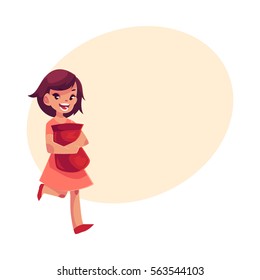 Little girl in pink dress holding pack of chips in hands tightly, cartoon vector illustration isolated on white background. 
