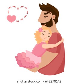 Little girl in pink dress hugging her dad. Father holding baby daughter