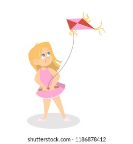 Little girl in pink dress playing with a colorful kite. Happy cute kid having fun with flying in the air kite. Isolated vector illustration in cartoon style.