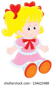 Little girl in a pink dress with red bows
