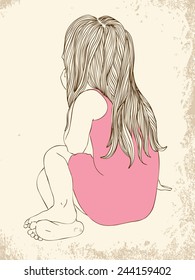 Little Girl In A Pink Dress Sitting Back Hair