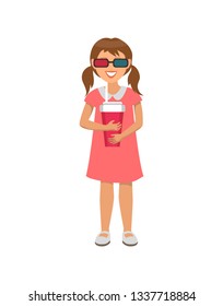 Little girl in pink dress in virtual reality glasses and cup of soda drink. Child going to visit cinema isolated person. Movie visitor 