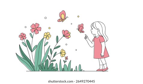 Uma menina em um vestido rosa observa borboletas vibrando em torno de flores coloridas em uma cena ensolarada jardim