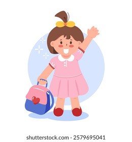 A little girl in a pink dress waving with one hand while holding a backpack in the other.