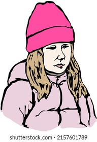 Little girl in a pink hat and jacket. Colored line-art comic