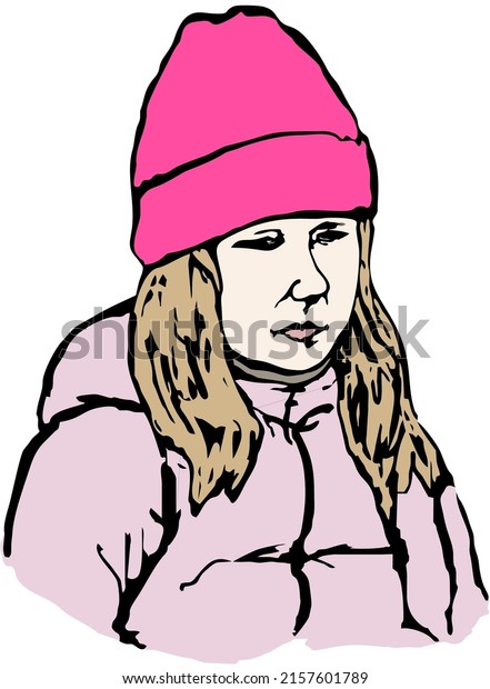 Маленькая девочка в розовой шапке и куртке. Цветной комикс. Портрет, линейный вектор. Рисунок художника #iThyx