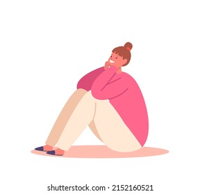 Little Girl in Pink Jumper and Beige Trousers Sitting on Floor. Child Character in Fashionable Clothes Isolated on White Background. Kids Fashion, Childhood Concept. Cartoon Vector Illustration