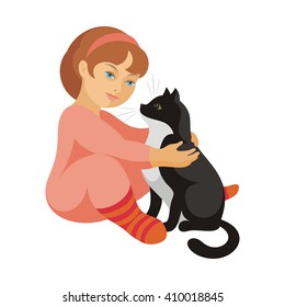 the little girl in a pink pajamas plays with a big black cat