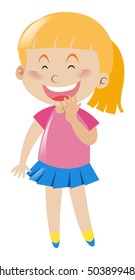 Little girl in pink shirt and blue skirt smiles illustration