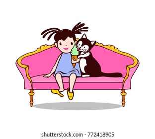 A little girl with pistachio ice cream and a cat on a French couch. A colored vector illustration on white background in cartoon style.
