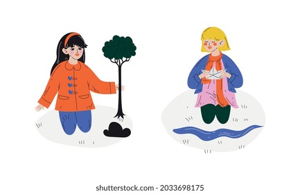 Little Girl Planting Tree Sapling in Soil and Playing with Paper Boat in Stream Enjoying Spring Season Vector Set