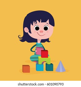 Little girl play with constructor. Cartoon vector illustration