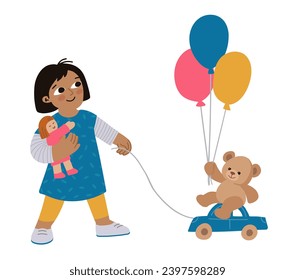 Little girl play with doll and teddy bear. Playing toys scene isolated on white. Hand drawn illustration. Vector