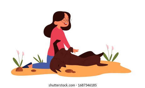 Little girl play with her dog. Happy kid and pet spend time together in the garden. Friendship between animal and child. Isolated vector illustration in cartoon style