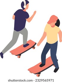 Little girl play surf skate board at park isometric Concept, teenage street skateboard wearing Cap Vector Icon Design, Weekly holiday Activity Symbol, Week Rest Day Sign, Lazy weekends people Stock
