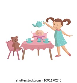 Little girl play tea party with toys teddy bear and doll, pouring tea into the toy cups from tea pot. Cartoon vector illustration
