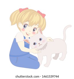 Little girl  played with her kitten. illustration.
