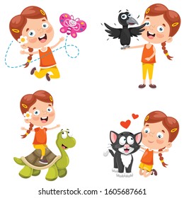 Little Girl Playing With Animals