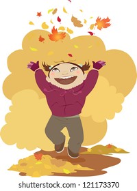 Little girl playing with autumn leaves