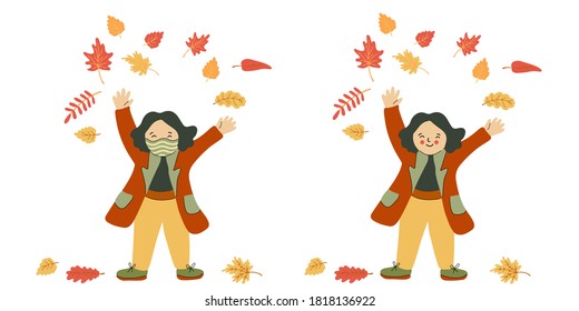 Little girl playing with autumn leaves. She throws them up. Vector illustration with and without protective face masks. Fun and happiness outdoors. Isolated on white background. Pandemic and flu time.