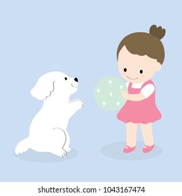 Little girl playing ball with her white dog vector.