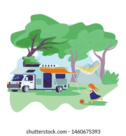 Little Girl Playing Ball near Motor Home Car with Canopy Standing at Summer Camp among Trees. Summertime Vacation, Camping, Traveling, Trip, Hiking Activities Colorful Cartoon Flat Vector Illustration