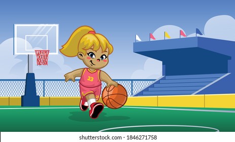 little girl playing basket on the basketball court