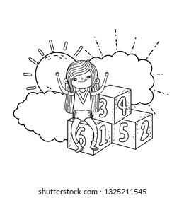 little girl playing with blocks numbers in the clouds