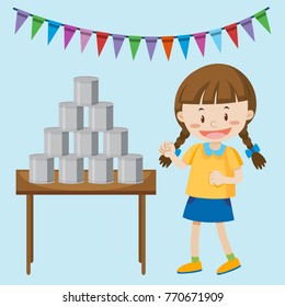 Little girl playing cans at the fair illustration