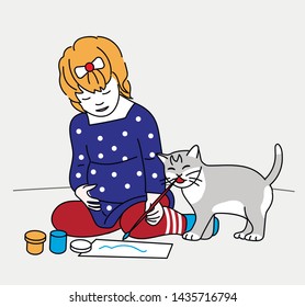 Little girl playing with cat on color background– stock illustration