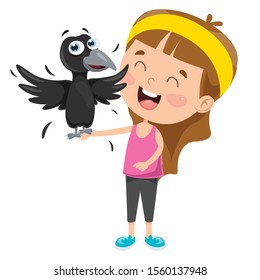 Little Girl Playing With Crow