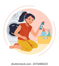 Little girl playing with detergents at home flat color vector illustration. Child access to cleaning chemicals danger round concept icon on white