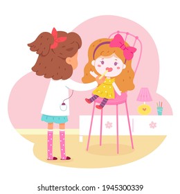 Little girl playing doctor with doll. Happy kid with toy as patient sitting on chair vector illustration. Cute child treating sore throat. Childhood activity at home scene.