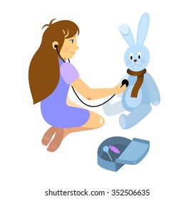 little girl playing a doctor with plush teddy rabbit toy