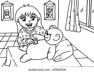 Little girl playing a doctor with plush teddy bear 