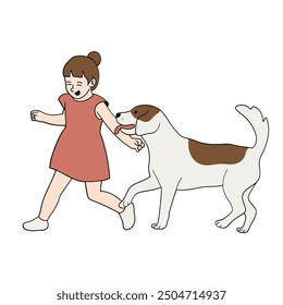 Little girl playing with dog