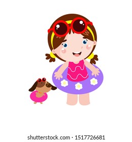 Little Girl Playing with Dog Cartoon Vector Template Design Illustration