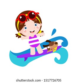 Little Girl Playing with Dog Cartoon Vector Template Design Illustration