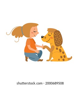 Niña pequeña jugando con un perro. El cachorro lindo da una pata. Amistad entre niño y mascota. Niña entrenando animales domésticos. Caricatura, ilustración vectorial aislada en blanco. Diseño plano