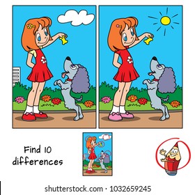 Little girl playing with a dog. Find 10 differences. Educational game for children. Cartoon vector illustration