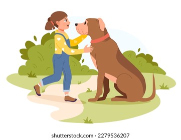 A little girl is playing with a dog in the park. Pet owner. Flat vector illustration.