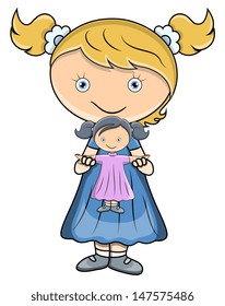 Little Girl Playing with Doll - Vector Cartoon Illustration