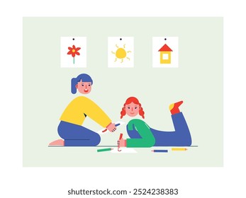 A little girl is playing and drawing with her friend at home, exploring her interests and talents. Character design. Vector flat illustration